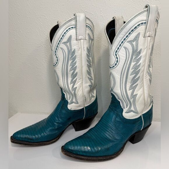 Justin Boots Vintage White and Teal Green Lizard Stitch Detail Western Boots 6.5 - Picture 1 of 6